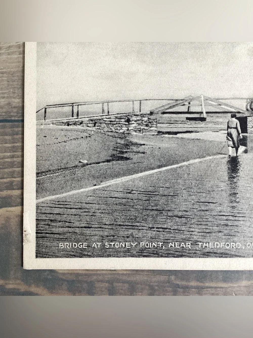1910s Black & White Postcard Bridge At Stoney Point Thedford Ontario Touring Car